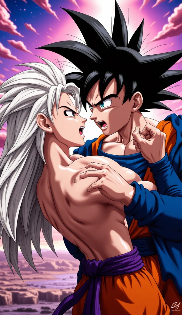 a girl, Saiyan white hair combed back, white spiked hair combed back  , green eyes,slim, thin waist, wide hips, brown skin color, medium breasts, sex with goku (dragon ball z), goku huge dick, sex with vegeta (dragon ball z)
