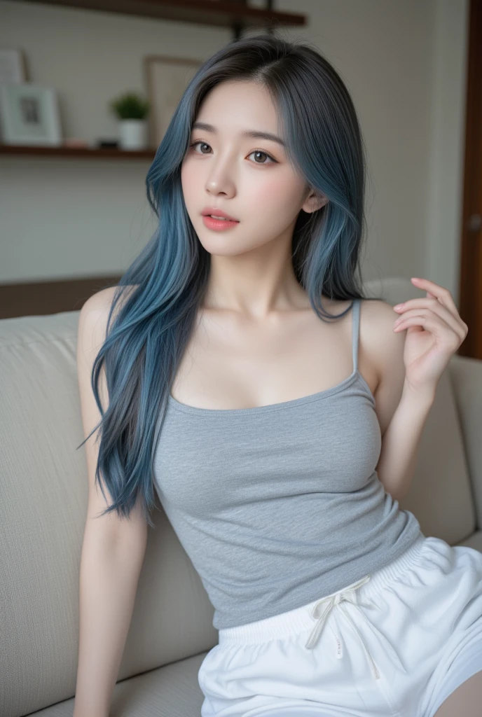 Korean woman sitting in a luxury hotel lobby drinking coffee、Photos of Lee Gahyeon。Window sunlight, Blue Hair, Dynamic pose, Skin Texture, Pale skin, Shiny skin, (slim, small:1.2), [:(Sharp focus on the face, Detailed face, Perfect Eyes, View your viewers:1.2):0.2], Realistic, Film Grain, 最high quality, masterpiece masterpiece, 最high quality, high quality, High resolution, curly hair in long braids､((White short dress))､((Face close-up)))