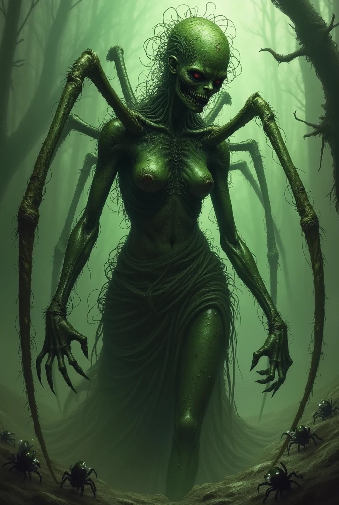 Monstrous and ugly humanoid creature with a snake face and a completely skeletal, almost cadaverous body with greenish skin and a body full of disgusting scales and female breasts, half dark academia, Estilo da DC Comics, Estilo da DC Comics