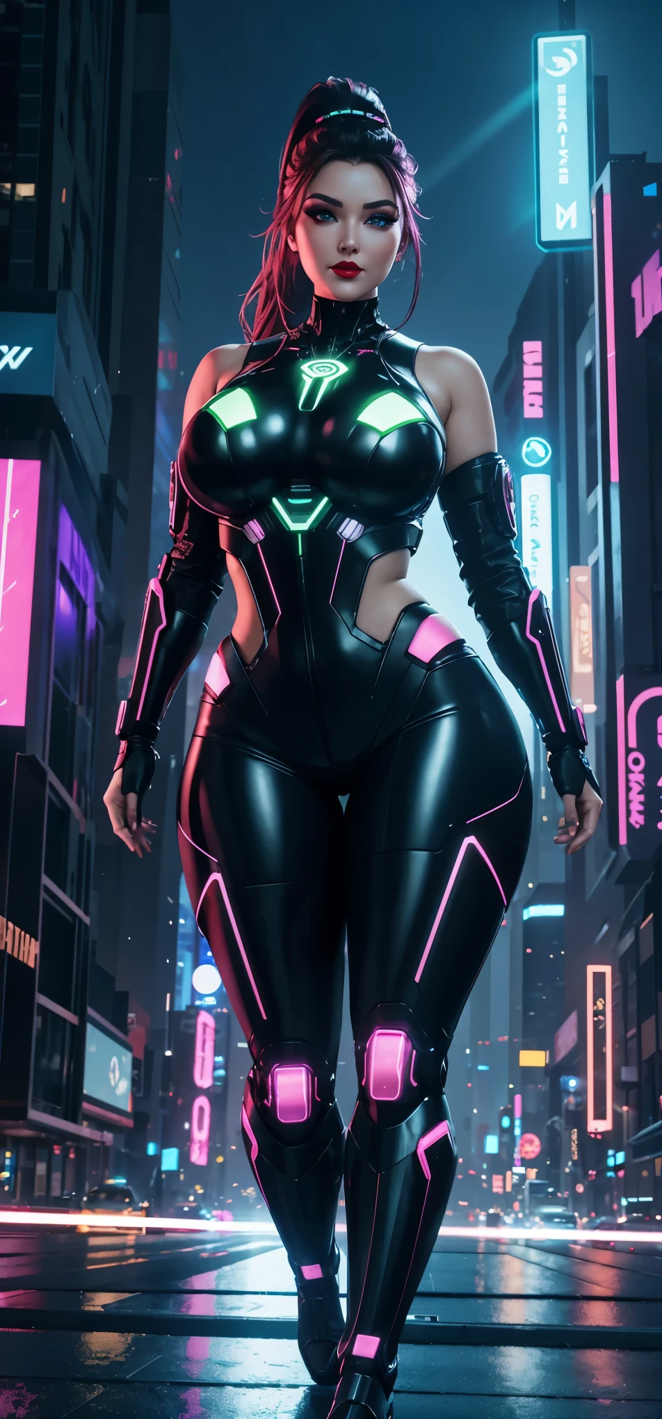 a valkyrie woman in a futuristic cyberpunk neon city, detailed facial features, high-tech bodysuit, gloves and boots, large cleavage, full body dynamic sexy pose, highly detailed tech futuristic armor, digital art, cinematic lighting, vivid colors, 8k, photorealistic,broad shoulders, thick thighs.