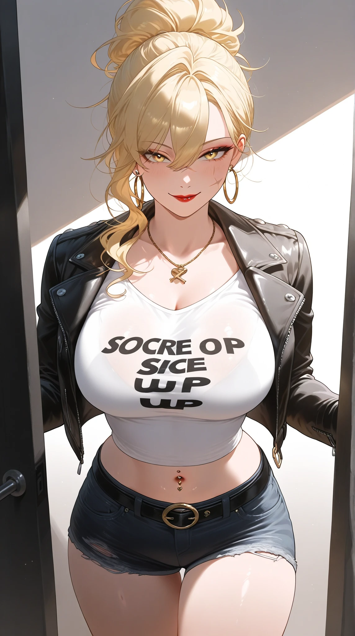 (1girl),large breasts,  breasts, tan, dewy skin, sweaty skin, wavy blonde hair, punk tshirt, punk girl
