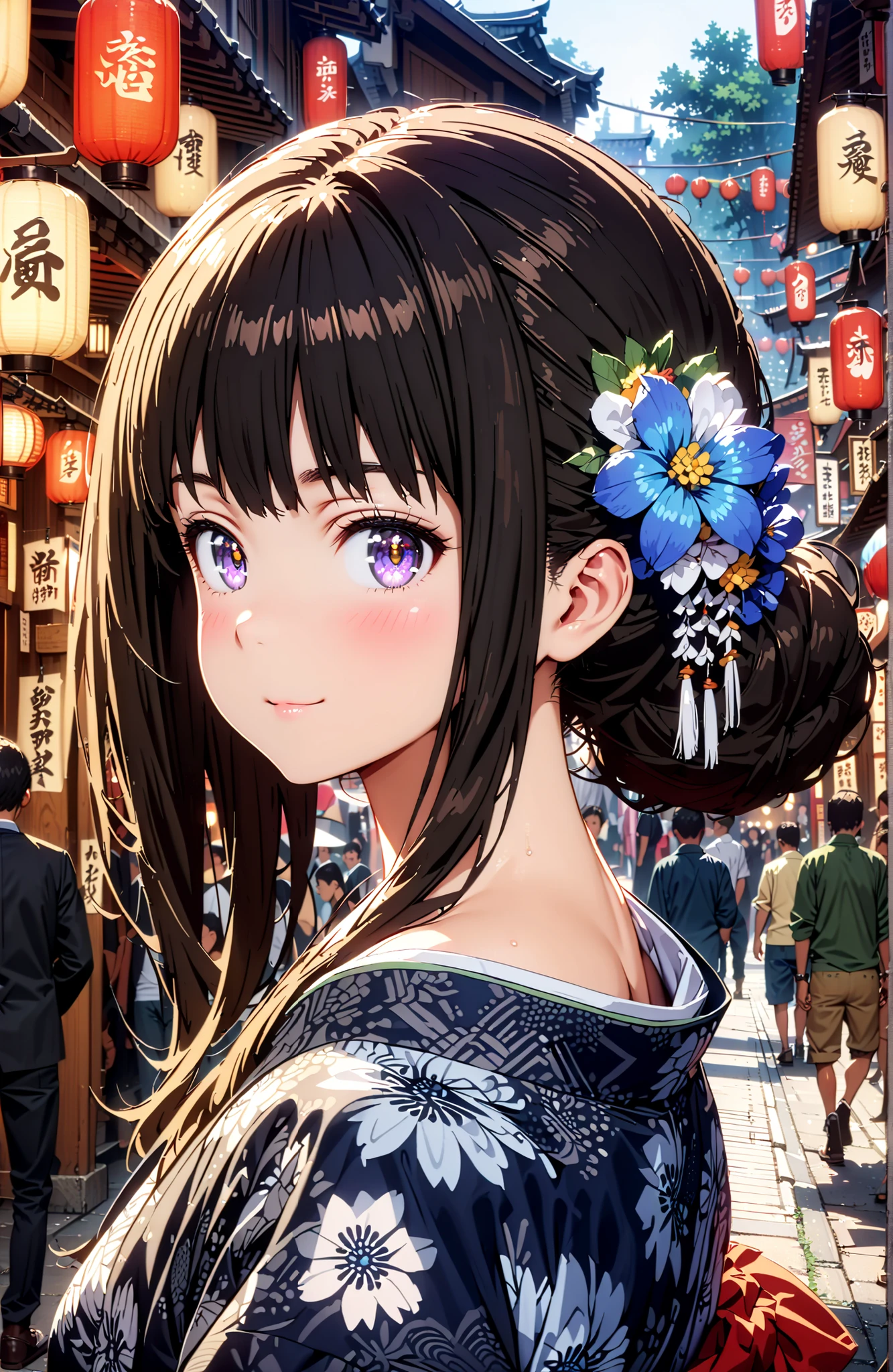 takina inoue,bungs, solo,black hair, Purple Eyes,side lock,flower hair ornament with ears,single bun hair,Blue flower pattern kimono,Nape,smile,blush,mouth,Japanese stalls ,Red Lantern,night,standing,crowd,full bodyがイラストに入るように,in their 40s looking at viewer,full body,
in their 40s outdoors, Japanese Festival,,
in their 40s (masterpiece:1.2), best quality, high resolution, Unity 8Kの壁紙, ( 's art :0.8), (beautiful detailed eyes:1.6), very detailed face, perfect lighting, Highly Detailed CG, (perfect hand in h, perfect anatomy),