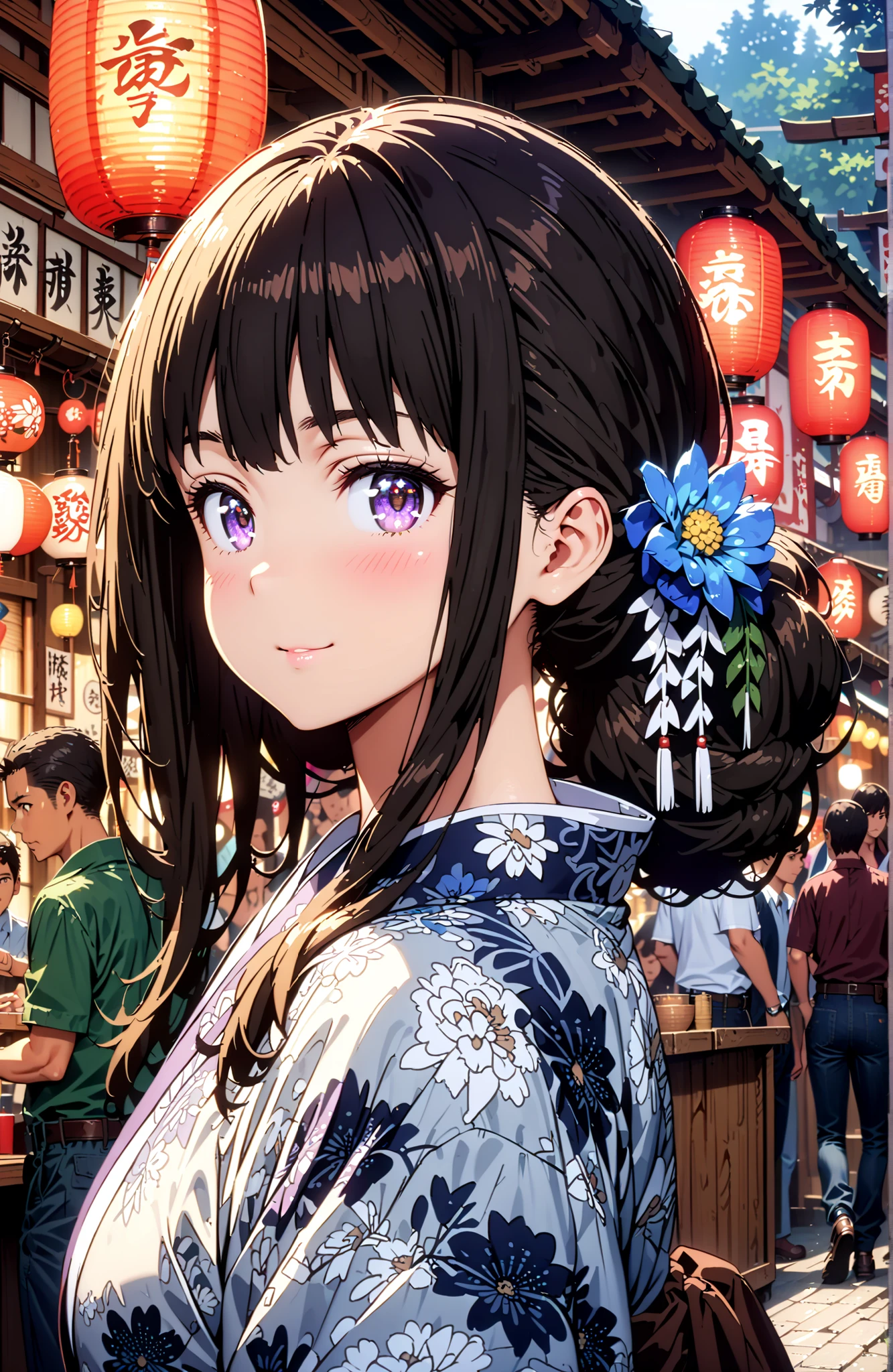 takina inoue,bungs, solo,black hair, Purple Eyes,side lock,flower hair ornament with ears,single bun hair,Blue flower pattern kimono,Nape,smile,blush,mouth,Japanese stalls ,Red Lantern,night,standing,crowd,full bodyがイラストに入るように,in their 40s looking at viewer,full body,
in their 40s outdoors, Japanese Festival,,
in their 40s (masterpiece:1.2), best quality, high resolution, Unity 8Kの壁紙, ( 's art :0.8), (beautiful detailed eyes:1.6), very detailed face, perfect lighting, Highly Detailed CG, (perfect hand in h, perfect anatomy),