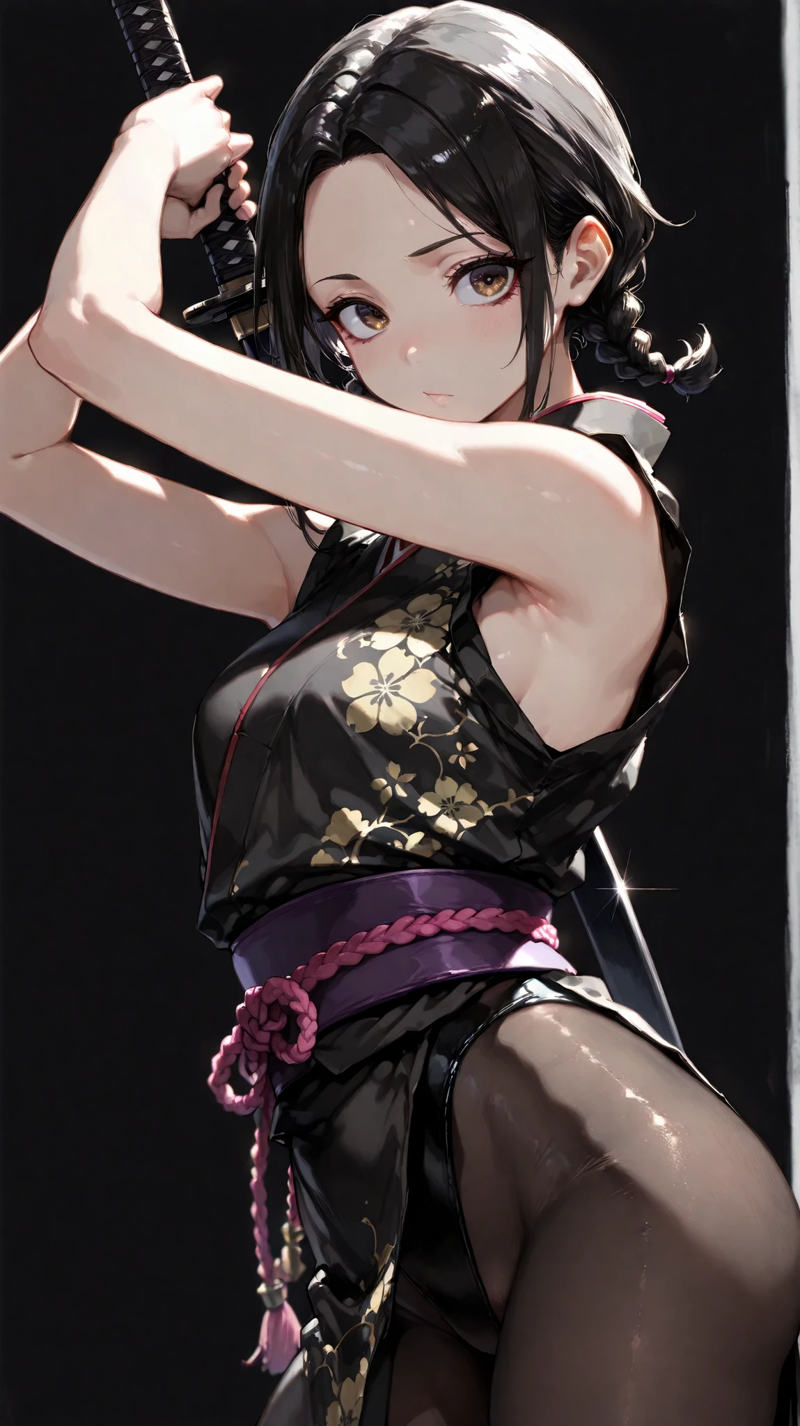 Shelley Gee, (masterpiece, Highest Quality, high resolution: 1.2), girl, alone, brown eyes 、Forehead、Short braids、black hair、 Japanese sword、、pantyhose、Fair skin、Black pantyhose, black background、Big eyes, cute、One braid, dynamic pose、leotard、Kunoichi、No expression、Japanese style、sleeveless、Black kimono