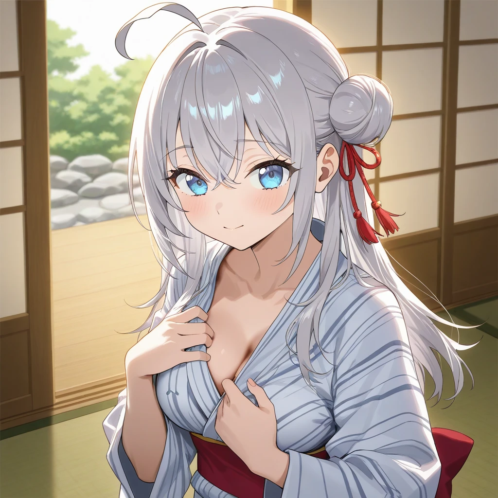 masterpiece, Highest quality anime illustrations, Super detailed,ultra high resolution、perfect lighting single girls, alone, silver-haired beautiful girl, anime changes, Cat ear , Light pink see-through yukata, Short Yukata, No sleeve, smile, bare skin armpit chest, focus on chest, hot spring