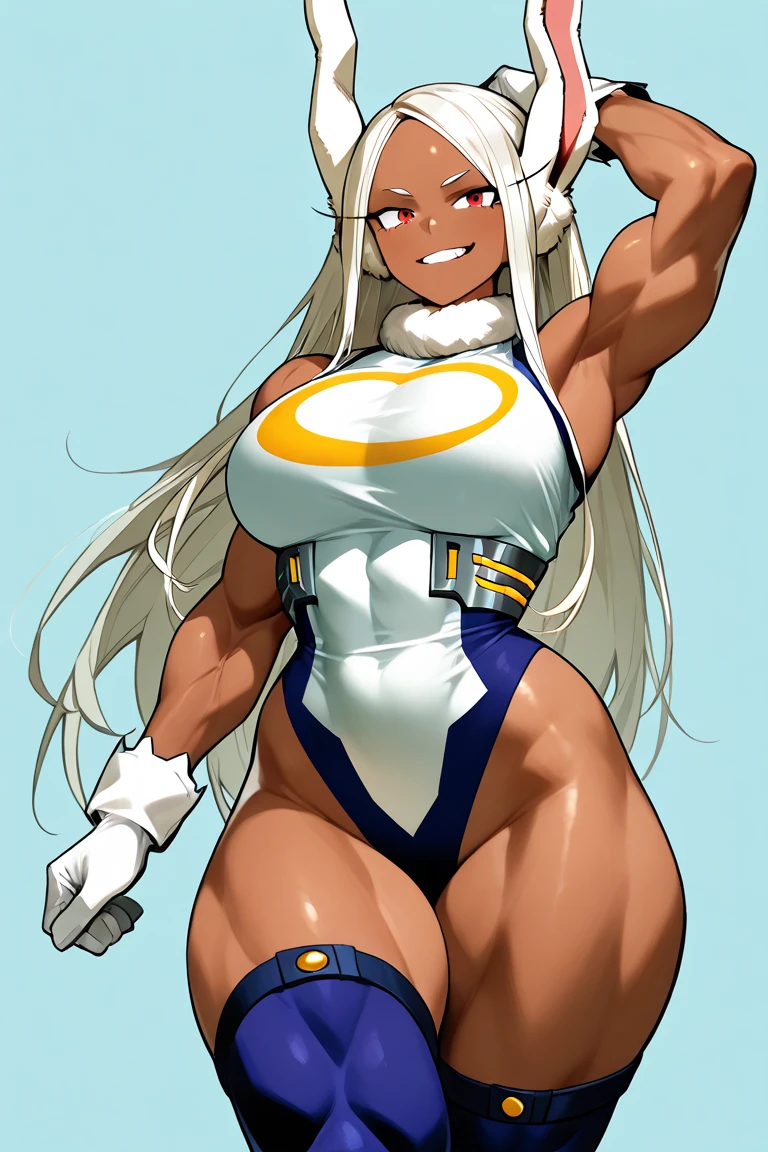 scan, (extremely detailed CG unity 8k wallpaper:1.1), highres, (1girl), mirkomha, boku no hero academia, rabbit ears, ((dark-skinned female)), ((dark skin)), red eyes, white gloves, (white hair, long hair), large breasts, night, looking at viewer, smirk, house, bed, muscular, muscle, belly, armpits, nude, desnudo, breasts