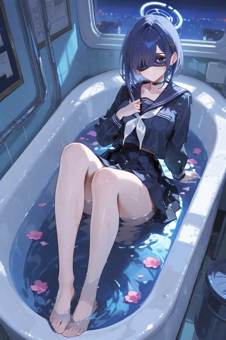 nadegata, 1girl, bangs, bathtub, black hair, black sailor collar, black skirt, blush, eyebrows visible through hair, loafers, long hair, long sleeves, looking at viewer, neckerchief, partially submerged, pleated skirt, sailor collar, school uniform, serafuku, shirt, shoes, sitting, skirt, socks, solo, water, wet, wet clothes, white legwear <lora:nadev1:0.6>