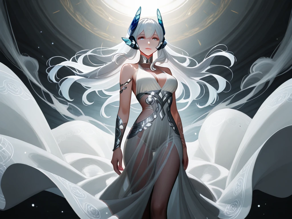 fantasy,long white hair,Wear intricately embroidered white high-waisted trousers and pantyhose,All-white clothing,saintess,Many spheres of energy light levitate around