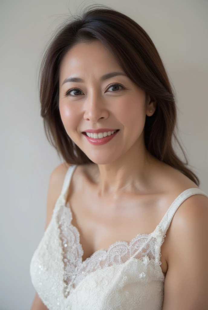 Perfect Anatomy, (((Staring at this:1.3))), Pale Perspective, Very detailed, Portrait of a mature woman, Medium Close-up, ((underwear)), Small bra, Small panties, Straight Front Angle, Mature Woman, Highest quality, high resolution,16K, (Emphasize the chest), huge , Saggy breasts, (((View your viewers)))、(((smile)))
