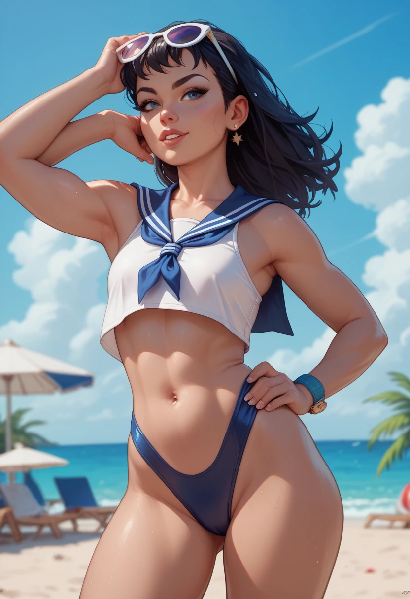 source_anime, (highest quality, 4k, masterpiece :1.3), Beautiful woman, 1 girl, solo, (chest, attractive body :1.2), showing pubic area:, underboob, cleavage, JK, thong, crop top white shirt, sleeveless, dark brown hair: 1.1, sailor suit, super detailed face, lip details, half opened mouth, smile, fine green eyes, double eyelid, spread legs, one knee up, bedroom, showing pubic area: