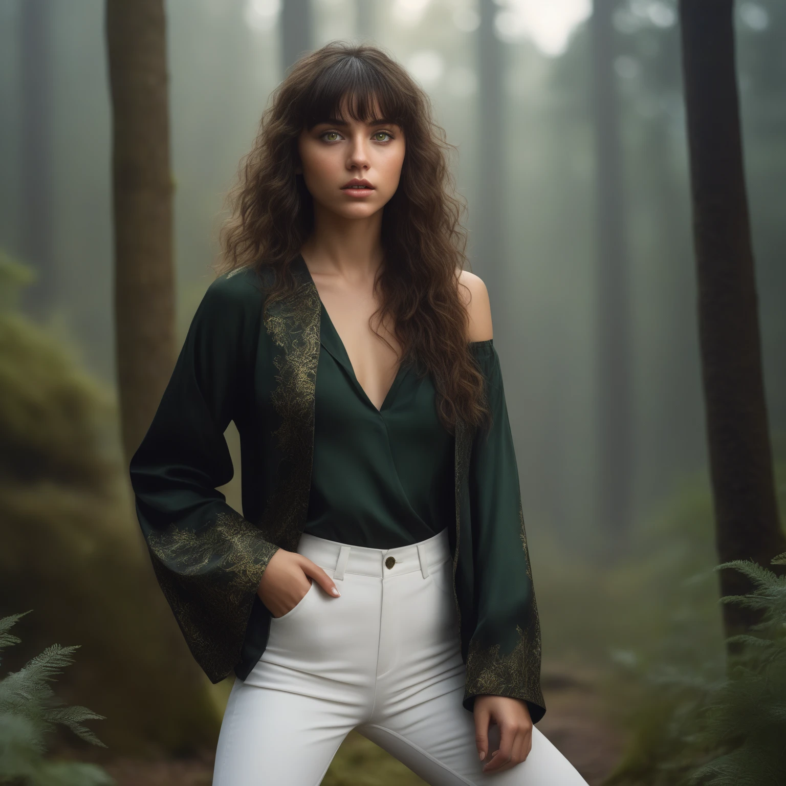 professional photograph of a female vogue model 35yo with pale skin, beautiful evil slavic muscular woman, long hair, (Enchanted Forest by Eyvind Earle:1.1), outdoors., wide expanse of heavenly beauty, beautiful place., full length, perfect female anatomy, in [incredible | unthinkable | magical] place, ((foggy:0.95).), Experimentation with light and shadow, she is majestically arrogant and contemptuous of those around her., The image shows a full-length (wide-angle shot:1.13) of 27 y.o beautiful woman in high heels, ([white | blue] (shirt:1.2), full sleeves, (pants:1.2):0.85), exudes confidence and attractiveness, (mini galaxies and stars swirling inside, colorful rainbow steam:0.7), soft natural volumetric cinematic perfect light, (high contrast:1.1), warm lighting, absolute sharpness, [vintage | 80s Colors:0.7]., (beautiful glowing:0.7), highly detailed,24mm photograph, film, bokeh, professional, 4k,