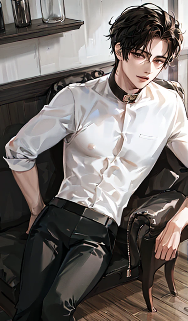 anime - (masterpiece), best quality, seductive eyes, mature face, black eyes, mid length slicked back black haircut, plain black t shirt, black pants, tall man, long legs, masculine, massive body, adult-like, full body, bad boy, there's a girl in his left with big breast and long white hair, the girl is sexy and tall 

