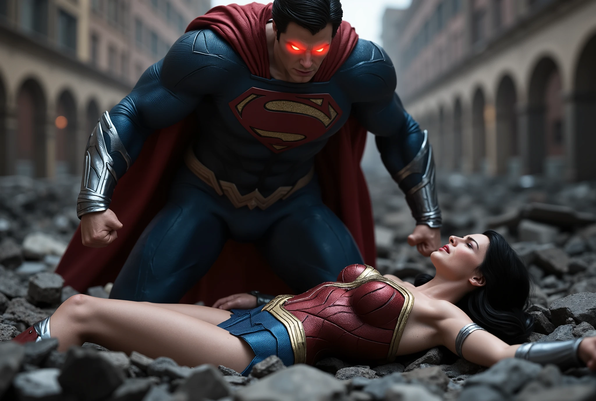 Wonder woman is laying down flat on the ruin, she is attacked by Superman, nervous, painful, eyes close, Superman is bending over her body, his eyes is red, red light on his eyes, whole body visible from head to feet, hyperrealism,