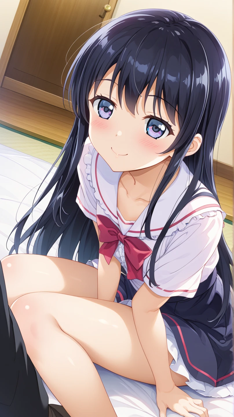 Girl's room Elementary school student, , toddler, flat chest, black hair Long shoulder-length hair ponytail ponytailに赤いリボン Purple Eyes smile White short-sleeved sailor uniform top Navy blue mini skirt White panties Girls' Shorts barefoot ((I can see her panties)) Are standing Dynamic angle Low angle