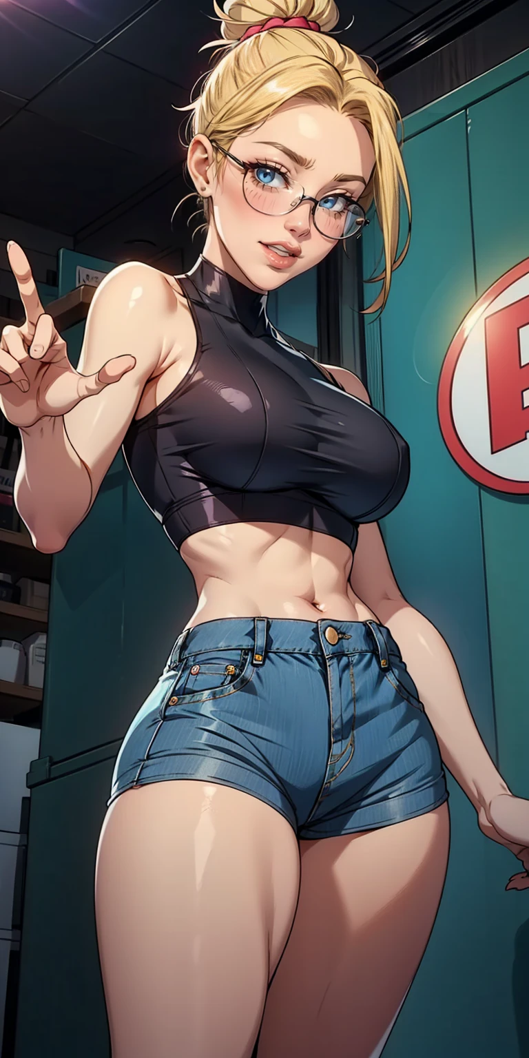 ((MangabiRumiko)), (masterpiece), best quality, expressive eyes, perfect face, highres, (8k), (perfect face), (ultra details), 1 girl, solo, large breasts,protruding erect nipples,terry bogard girl, blonde hair,blue and pink twintails, gray eyes, long hair,, fingerless gloves, denim shorts, shoes, blushing, frightened, anguished, open-mouthed, room background, no posing, standing, portrait, looking herself