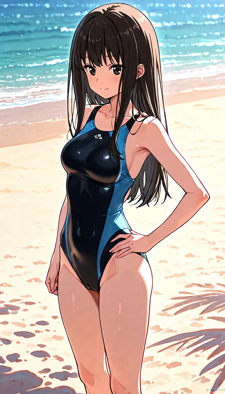 Hailee Steinfeld in short black two-piece swimsuit, posing as a model for a photo, con un fondo de playa y con una sonrisa, cuerpo esbelto, full hd, 4K