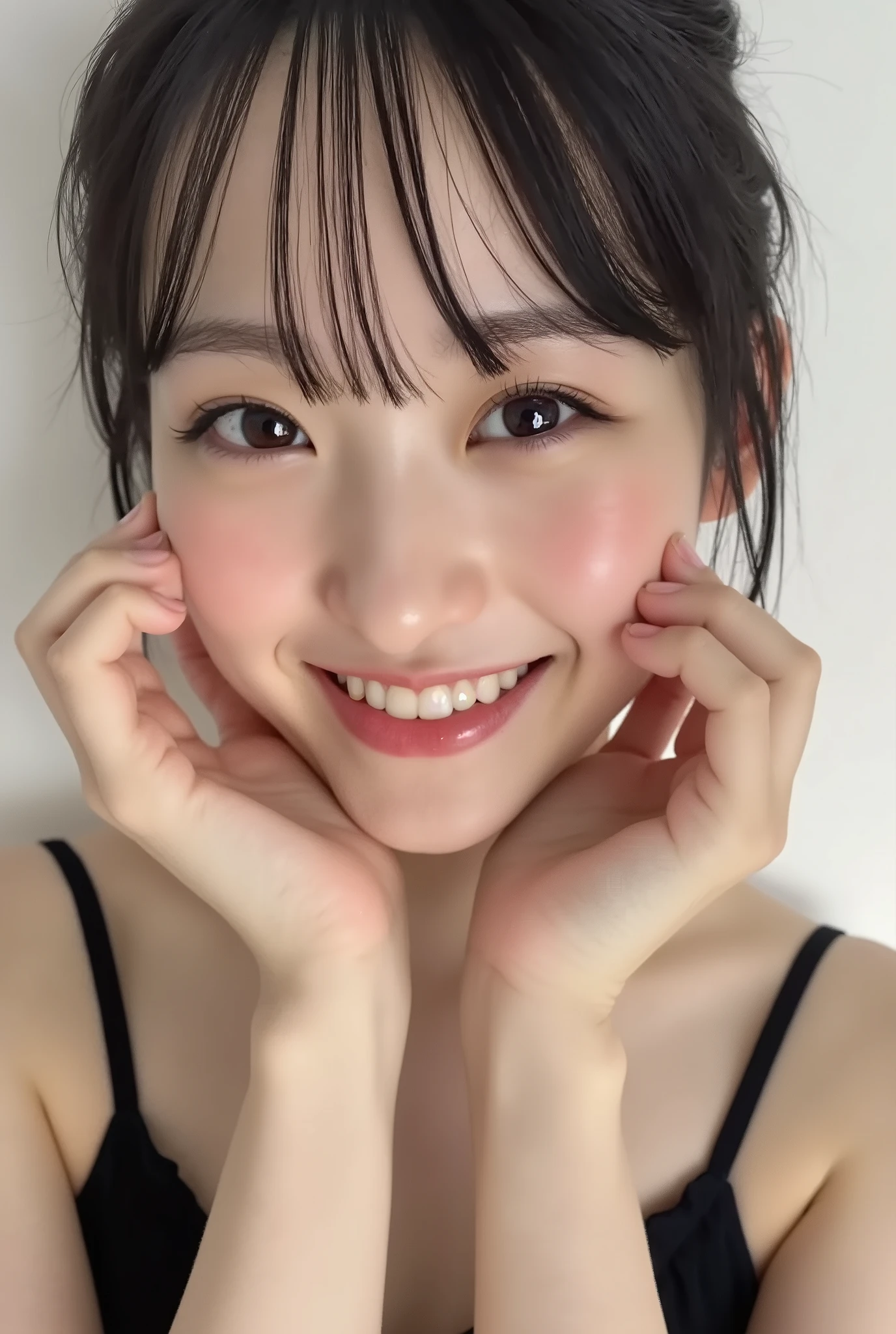 extreme close-up portrait, beautiful girl with her love-struck, radiant face filling the entire frame (95% face ratio), gently placing both open hands on her flushed cheeks with soft fingers, soft black camisole, white blurred background, eyes dreamy and half-lidded, deeply adoring gaze fixed straight at the viewer, irises ultra-detailed with intricate rainbow reflections and glowing catchlights, moist and sparkling eyes as if about to tear up from overwhelming joy, soft melting smile revealing slightly parted lips and upper teeth, skin with visible soft pores, realistic skin texture with warm lighting and subtle shadows, delicate eyelashes, glossy lips with natural highlights, cheeks glowing with deep blush, cinematic soft lighting, lifelike expression full of romantic euphoria, overflowing with happiness, warmth, and pure affection, subtly tilting her head as if whispering a name in total bliss, ultra photorealistic, masterpiece, 8K, hyperreal detail, skin pores, detailed iris texture, cinematic mood