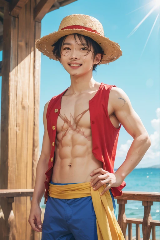 a close up of a Japanese man smiling and wearing a straw hat and a red top with golden buttons with a yellow cloth wrapped around his waist having muscular chest and abs, ultra realistic, high quality, detailed face