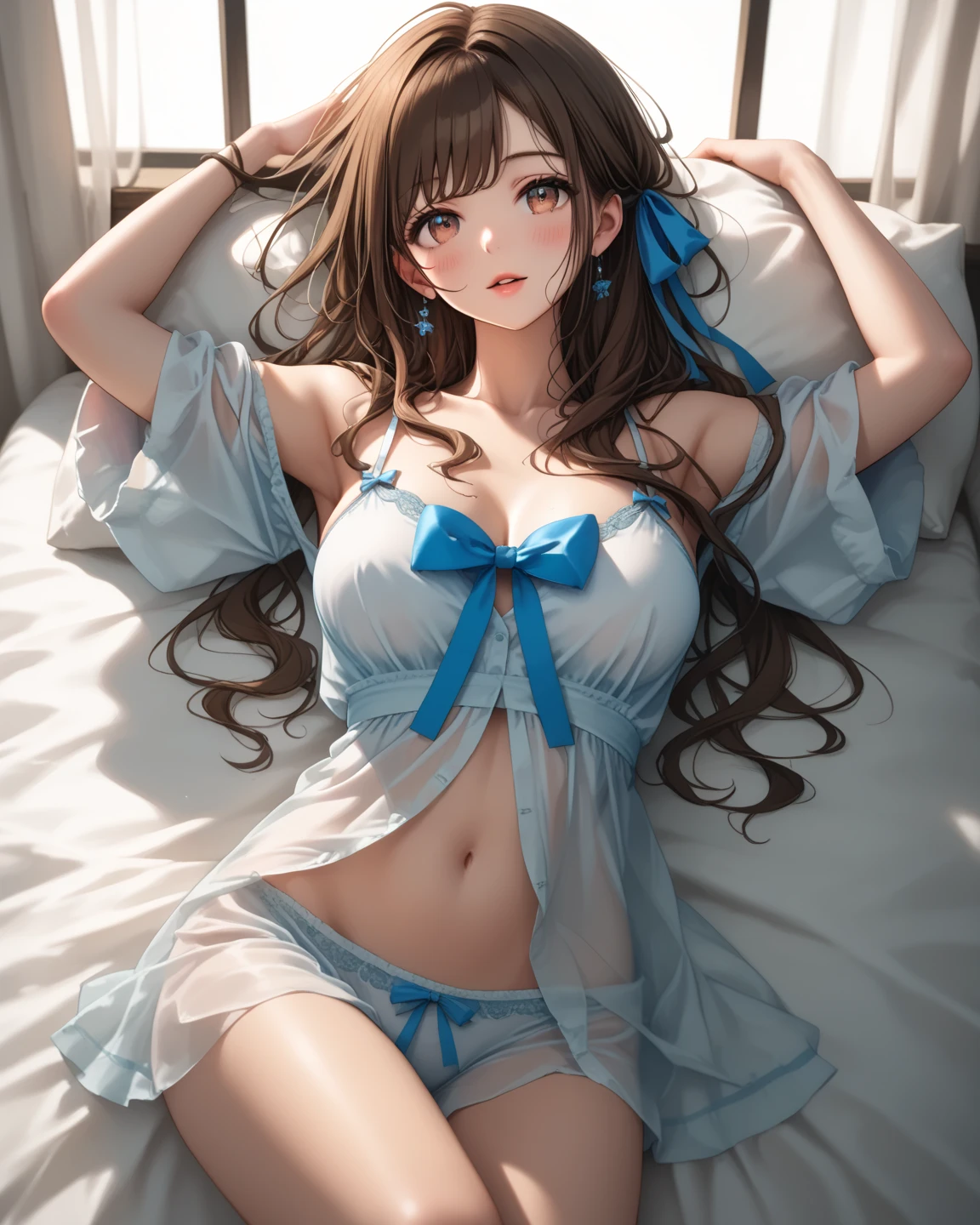 une jolie adolescente, brune, yeux bleu, (pyjama rose) sexy de fille, dans une chambre de fille, le pyjama est déboutonné, (((sans de culotte))), elle sourrit, on voit ses épaules, elle a des petits seins