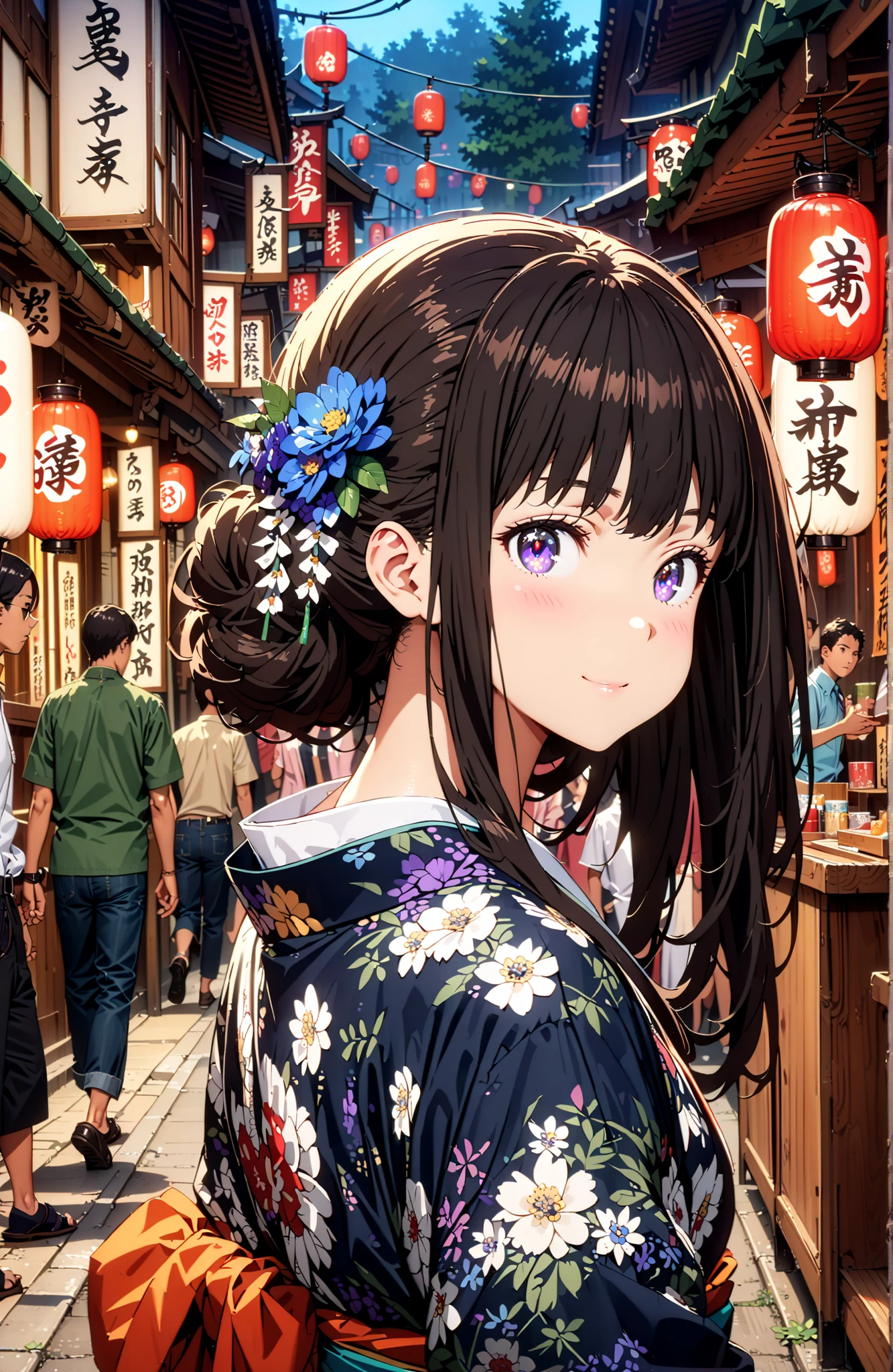 takina inoue,bungs, solo,black hair, Purple Eyes,side lock,flower hair ornament with ears,single bun hair,Blue flower pattern kimono,Nape,smile,blush,mouth,Japanese stalls ,Red Lantern,night,standing,crowd,full bodyがイラストに入るように,in their 40s looking at viewer,full body,
in their 40s outdoors, Japanese Festival,,
in their 40s (masterpiece:1.2), best quality, high resolution, Unity 8Kの壁紙, ( 's art :0.8), (beautiful detailed eyes:1.6), very detailed face, perfect lighting, Highly Detailed CG, (perfect hand in h, perfect anatomy),