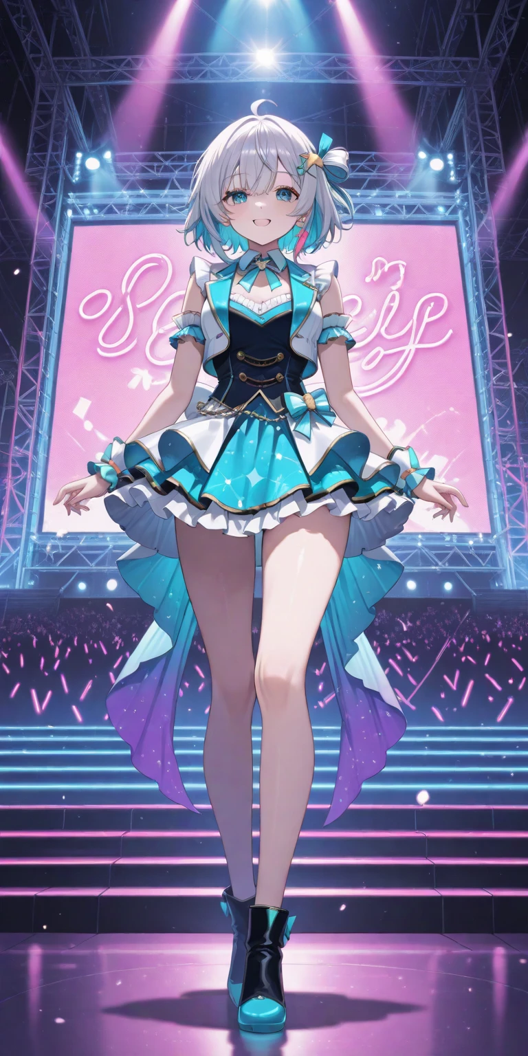 (muste piece), (best quality), very detailed, ((1 girl)), solo full body shot,Viewer's perspective,dynamic,jump,(smile),wink,perfect face, beautiful face, very detailedな顔,((light blue hair_Roll Twin Tail_light blue eyes:1.3)),Gorgeous idol costumes,ruffle skirt,solo idol,ribbon hair ornament,ribbon boots,knee high socks,concert dome,live,have a microphone,singing,smiling with mouth wide open,Laser Light,Spotlight,Lots of confetti、A large amount of petals dance