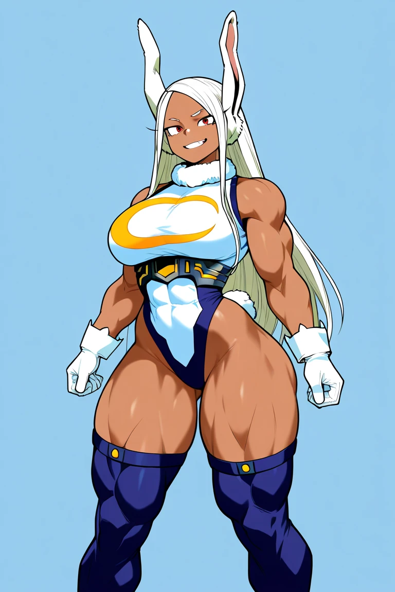 (masterpiece, best quality:1.3), TheGoldenSmurf, 1girl, solo, looking at viewer, wide hips, mature female, closed mouth, seductive smile, large breasts, cowboy shot, thick thighs,  <lora:TheGoldenSmurf Style Lora:.9>, leotard, fur collar, muscular female, bunny ears, white hair, red eyes, thighhighs, gloves,  <lora:Mirko:.8>