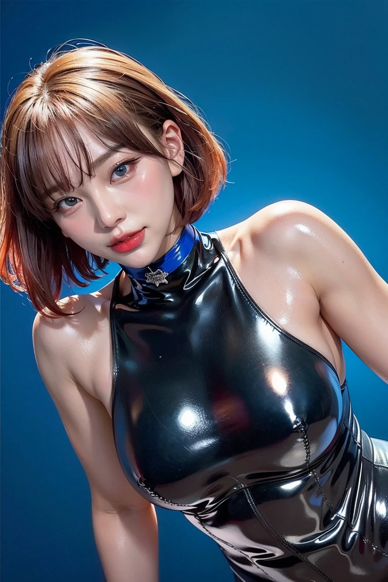 1 woman、Korean、Korean、cyberpunk suit、smooth rubber、tight suit、chest chuck、intricate details、high quality、(upscale:1.4)、Staring at me、ultra realistic 8k、Perfection face、perfection、clean、masterpiece、professional artwork、famous works、Perfection face、beautiful expression、beautiful eyes、short black hair、high heels、wet hair、very big breasts、best image quality、natural background、(focus on chest)、No pants, (RAW Photography:1.2)、top-quality、white, a beautiful detailed girl、tight water suit、latex wet suit, a smile、Twin-tailed、extremely detailed eye and face、beatiful detailed eyes、huge filesize、hight resolution、hight resolution、8k wallpapenely detail、Highly detailed ticker uniform 8k wallpaper、Light on the face、movie lighting、16-year-old girl、sexy pose、(photorealisim:1.4)、illustratio、surrealism、 frombelow、super detailing、​masterpiece