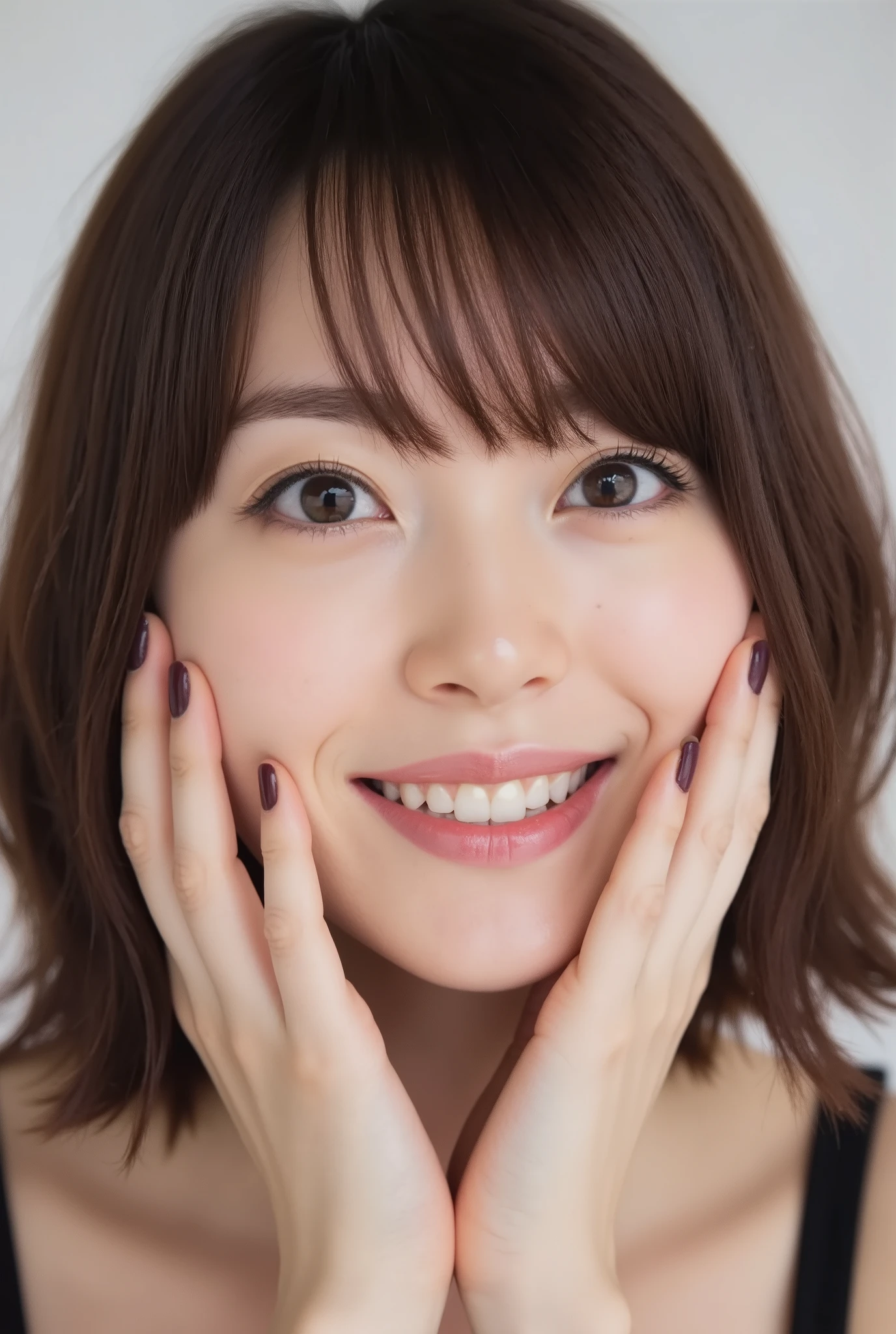 extreme close-up portrait, beautiful girl with her love-struck, radiant face filling the entire frame (95% face ratio), gently placing both open hands on her flushed cheeks with soft fingers, soft black camisole, white blurred background, eyes dreamy and half-lidded, deeply adoring gaze fixed straight at the viewer, irises ultra-detailed with intricate rainbow reflections and glowing catchlights, moist and sparkling eyes as if about to tear up from overwhelming joy, soft melting smile revealing slightly parted lips and upper teeth, skin with visible soft pores, realistic skin texture with warm lighting and subtle shadows, delicate eyelashes, glossy lips with natural highlights, cheeks glowing with deep blush, cinematic soft lighting, lifelike expression full of romantic euphoria, overflowing with happiness, warmth, and pure affection, subtly tilting her head as if whispering a name in total bliss, ultra photorealistic, masterpiece, 8K, hyperreal detail, skin pores, detailed iris texture, cinematic mood