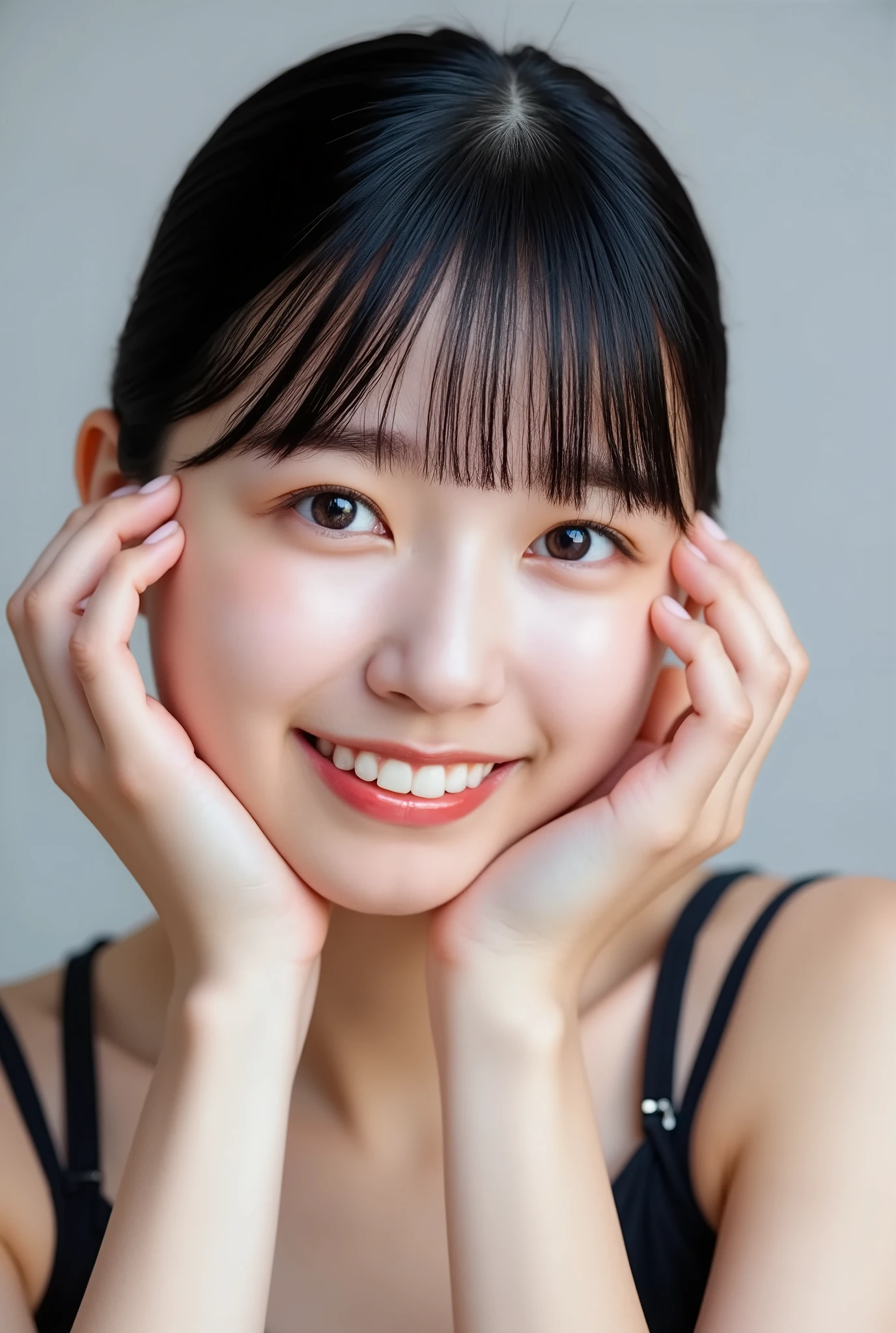 extreme close-up portrait, beautiful girl with her love-struck, radiant face filling the entire frame (95% face ratio), gently placing both open hands on her flushed cheeks with soft fingers, soft black camisole, white blurred background, eyes dreamy and half-lidded, deeply adoring gaze fixed straight at the viewer, irises ultra-detailed with intricate rainbow reflections and glowing catchlights, moist and sparkling eyes as if about to tear up from overwhelming joy, soft melting smile revealing slightly parted lips and upper teeth, skin with visible soft pores, realistic skin texture with warm lighting and subtle shadows, delicate eyelashes, glossy lips with natural highlights, cheeks glowing with deep blush, cinematic soft lighting, lifelike expression full of romantic euphoria, overflowing with happiness, warmth, and pure affection, subtly tilting her head as if whispering a name in total bliss, ultra photorealistic, masterpiece, 8K, hyperreal detail, skin pores, detailed iris texture, cinematic mood
