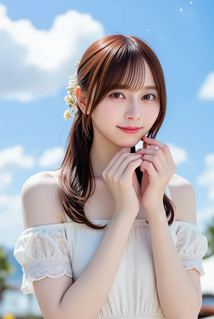hyper realistic detail, (8k, RAW Photos, Top image quality, A masterpice:1.2), (Exquisite beautiful eyes: 1.2), ((1girl in)), (独奏)), (bathrobe:1.4) , (walk:1.2), 가슴, (finely detailed eyes and detailed face:1.3), (beautiful and clear background:1.2), (extremely details CG, Ultra-detailded, Best Shadows:1.1), ((depth of field)), (water colour),, bare shoulder, Flowers and petals, beautiful concept illustration, (illutst:1.1), (extremely fine and beautiful:1.1)、(Perfect details:1.1)、ram、firework、by night、Realstic、Live Action、a smile