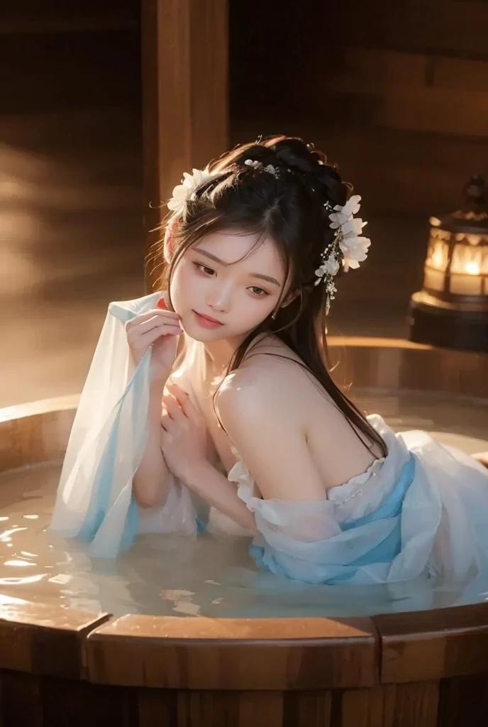 (((masterpiece))), (((best quality))), (((half body photo))), (((tangfengspabelle))), ((forehead floral mark)), ((partially submerged in water)), solo, 1girl, see through hanfu, longhair, big tits, smile, <lora:tangfengspabelleV2:0.65>