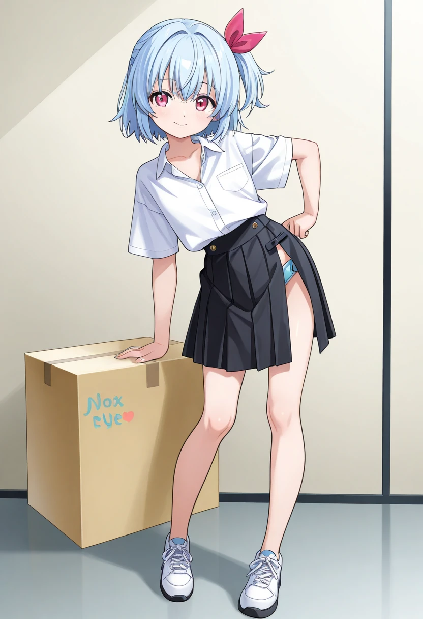 best quality, sad girl wears unbuttoned shirt, ((looking at viewer)), dark blue hair, black eyes, very short hair, spiky hair, ahoge, small panties, 171cm, messy hair, hair between eyes, flat breasts, plump, pale skin, tomboy, adult, 20 years old, 1girl, solo, sole, grin, wide hips, thighs, standing, messy room, bedroom, shelves, DVDs, books, video games, computer, CDs, vinyl records, VHS tapes,