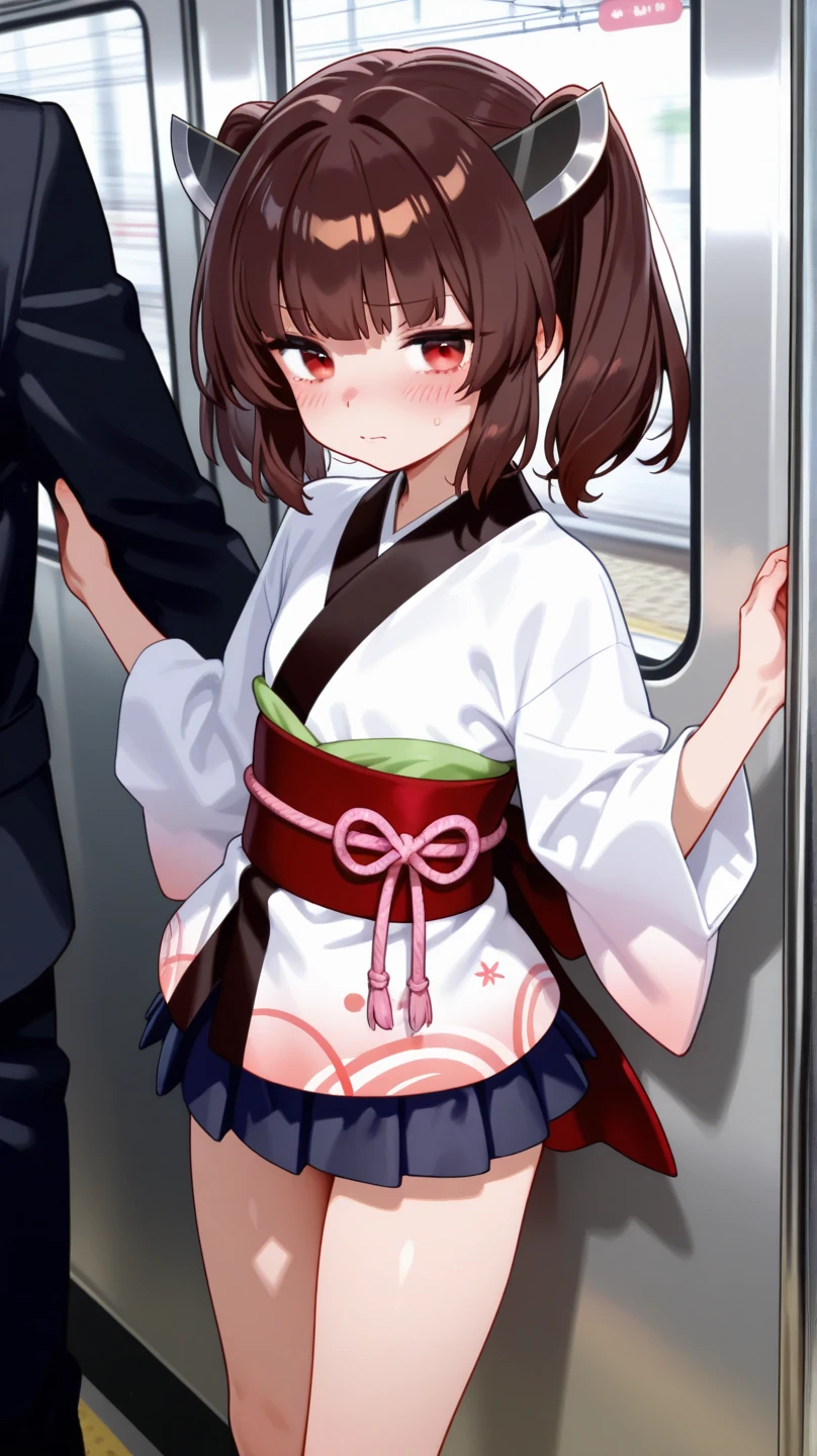 A girl with small breasts, light pubic hair, black hair, short bob hair, and a floral patterned bra and panties is tied behind her back with rope and is crying in disgust as a middle-aged man grabs her breasts while she is standing in a Japanese-style room.、From head to ankle