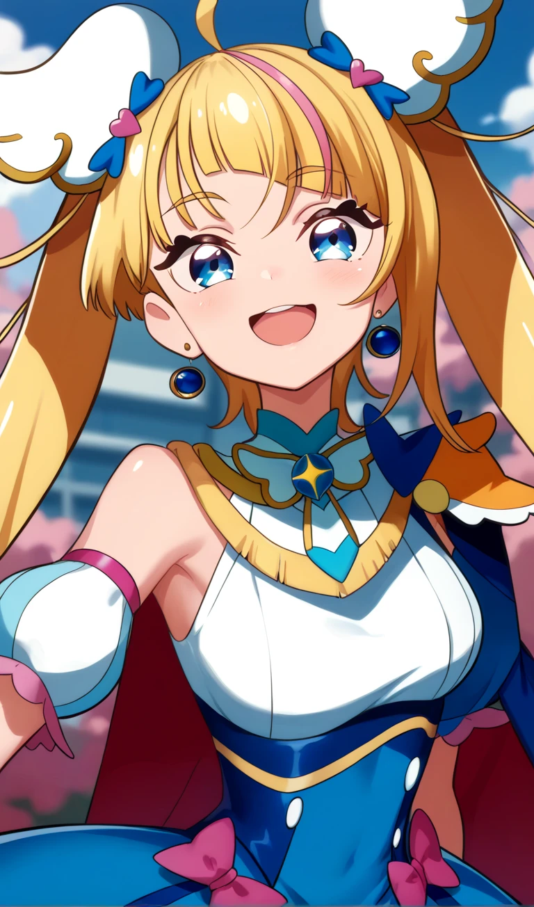 dark magician girl, blonde hair, choker, green eyes, long hair, blush, blush stickers,, live stage, large breasts, 1girl, smile,