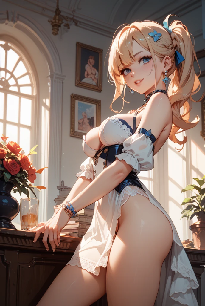 8K, Ultra High Definition, Super detailed, Shiny detailed hair, detailed face, fantasy landscape, solo, looking at viewer, {{best quality}}, {{masterpiece}}, {{ultra-detailed}}, {detailed light}, ultra high quality eyes, detailed eyes, perfect eyes, large eyes, detailed blue eyes, blushing , ahegao, blonde hair, long hair, twintail, beautiful, skinny body, White skin, slutty, erotic, blushing, ahegao, standing in suggestive pose, ((nsfw))