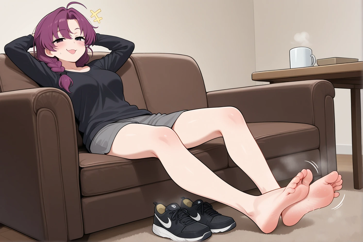 (highest quality,8k,High resolution, masterpiece:1.2), Super detailed, High resolution、One Girl、Light purple hair color、There are some stylish pink lines in her hair.、ponytail、older sister、Top jersey、Jacket size XL、hot pants、Beautiful feet、Thin legs、Naughty expression、Mocking look