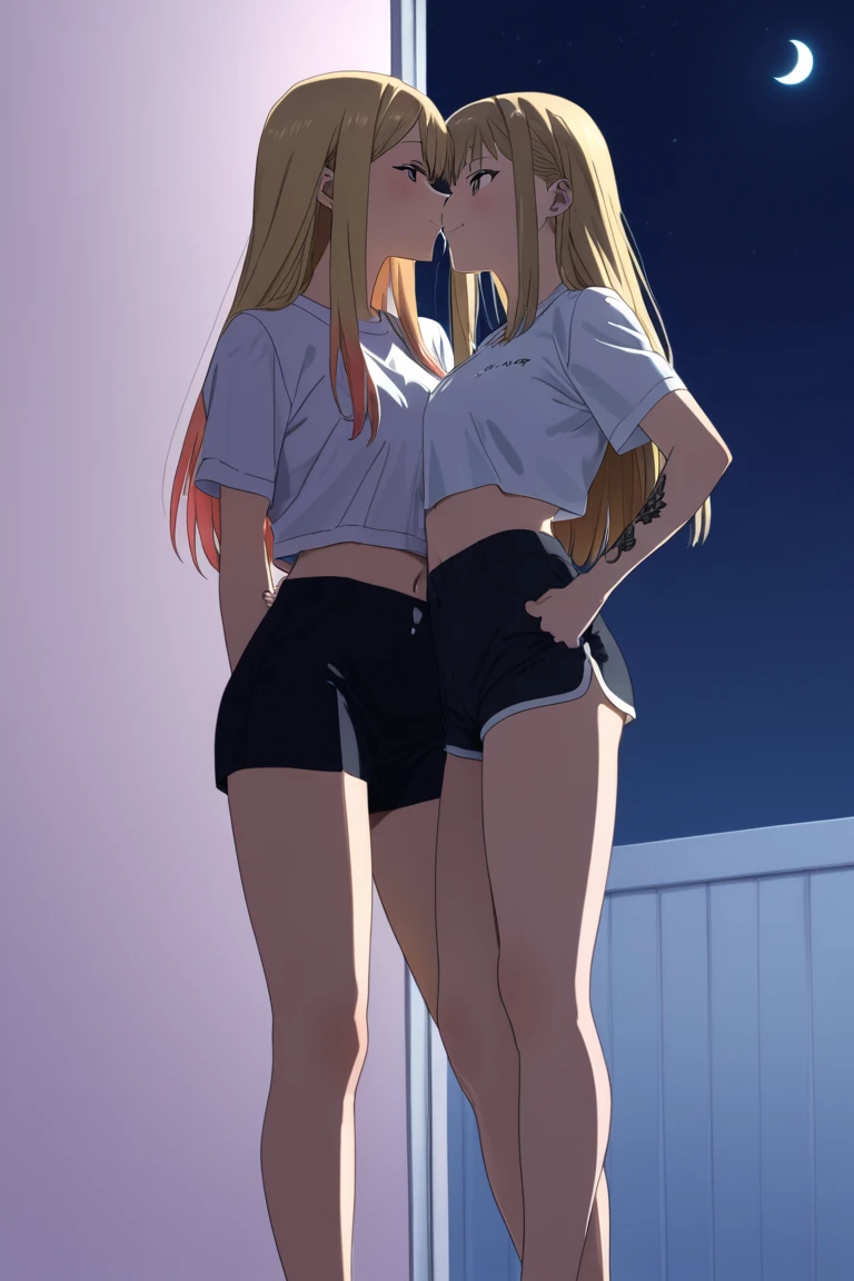 ((masterpiece, best quality)), Buff blonde Norwegian woman in white bra and white granny panties, Curvy red-haired Latina in white bra and white cotton panties, standing in a locker room, anime art style, intricate details