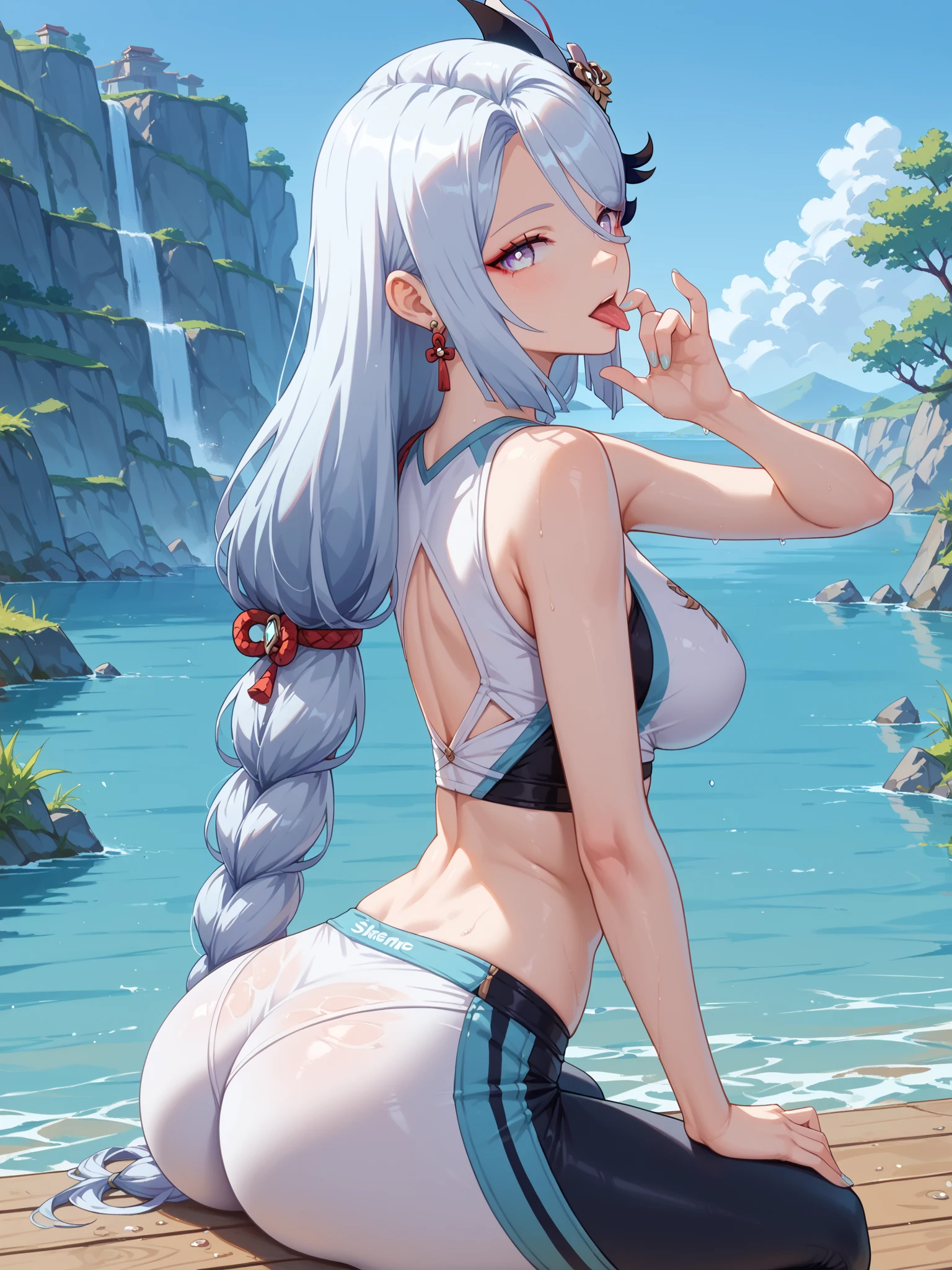 Super detailed、highest quality、Best image quality、masterpiece、8K、Anime Face、A kind smile、Open Mouth、Sparkling Blue Eyes、Long blonde curly hair、Cat ears grow、Wearing a frilly headband、(SFW huge body)、(((Rear view)))、Cowboy Shot、(Wearing a white thong:1.5)、Muscles of the whole body、Hands on hips