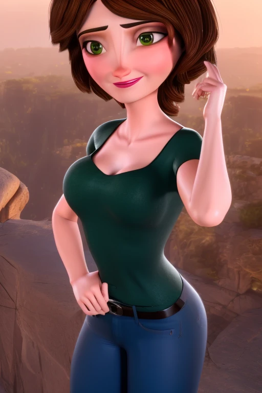 aunt cass, modern disney style,1girl,green eyes, green_crop-top, black_leggings, breasts, cleavage, earrings, gradient, gradient_background, grey_background, jewelry, lips, lipstick, looking_at_viewer, makeup, medium_breasts, red_lips, short_hair, solo, brown_hair