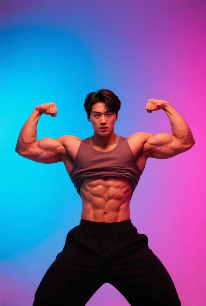 seventeen's mingyu flexing his arms at the gym after a workout