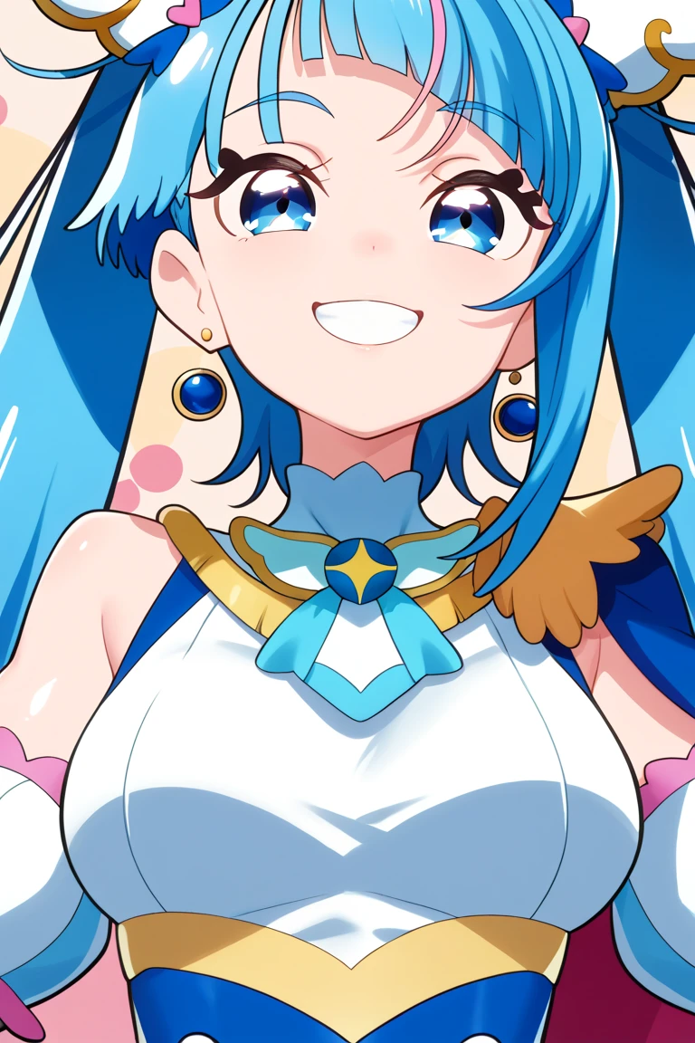 CURE SKY, DRESS, TWINTAILS, GRADIENT HAIR, AHOGE, BLUNT BANGS, HEAD WINGS, FINGERLESS GLOVES, WHITE SHIRT, PUFFY DETACHED SLEEVES, cape, THIGHHIGHS, BLUE LEGWEAR, gem, SINGLE EARRING, 1girl, solo, upper body, facing viewer, (looking at viewer:1.5), in the center, smile,
Open your mouth wide、a large amount of on the face,、Tongue sticks out of mouth、Big Breasts、Cleavage、Close-up of face、slouch、Hard nipples protruding、topless、Bare Chest、Fake nipples