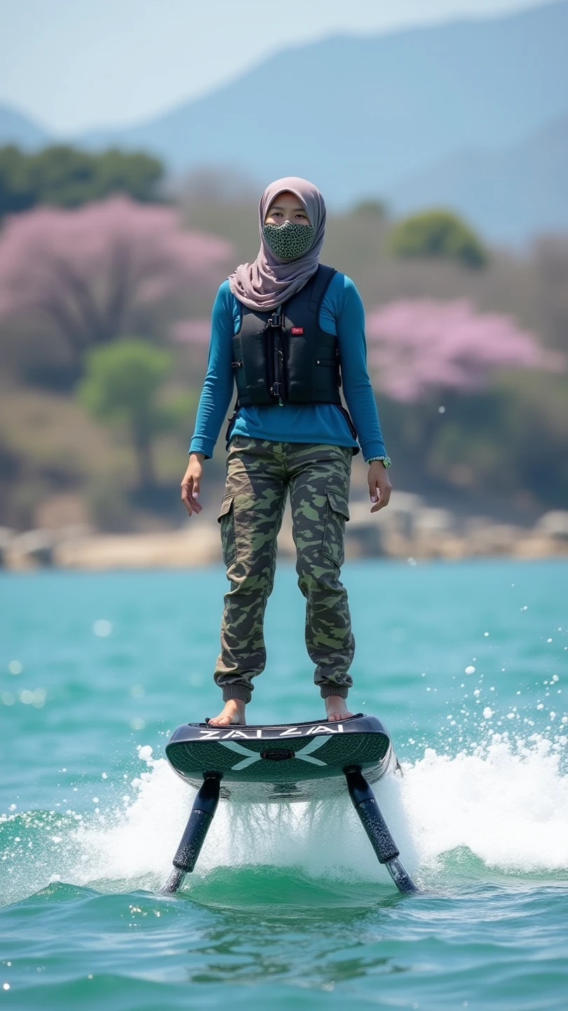 a beautiful 21 year old pure white woman wearing a hijab, jeans and a light colored top, doing flyboarding activities on the water with a stream of water pushing her off the board. The background should include a harbor with cranes and the sky should be slightly overcast. realistic photography