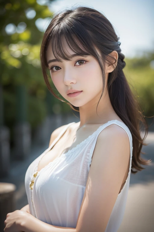 1womanl, up of face, mideum breasts, light brown hair, Blunt bangs, hair behind ear, hair over shoulder, Long hair, slender body shape, Ultra Fine Face, Thin face, Delicate lips, Beautiful eyes, thin blush, eyes are light brown, perfect glossy skin, flawless skin, Glistening sweat,View here, Ultra-thin hands, Ultra-fine fingers, best ratio four finger and one thumb, (realisitic:1.3), Finger Extensions, See-through white blouse. Broad-leaved forest, One-person viewpoint, Fuji Film, F/1.2, 8K, masutepiece, nffsw, Super Detail, High quality, Best Quality, hight resolution,