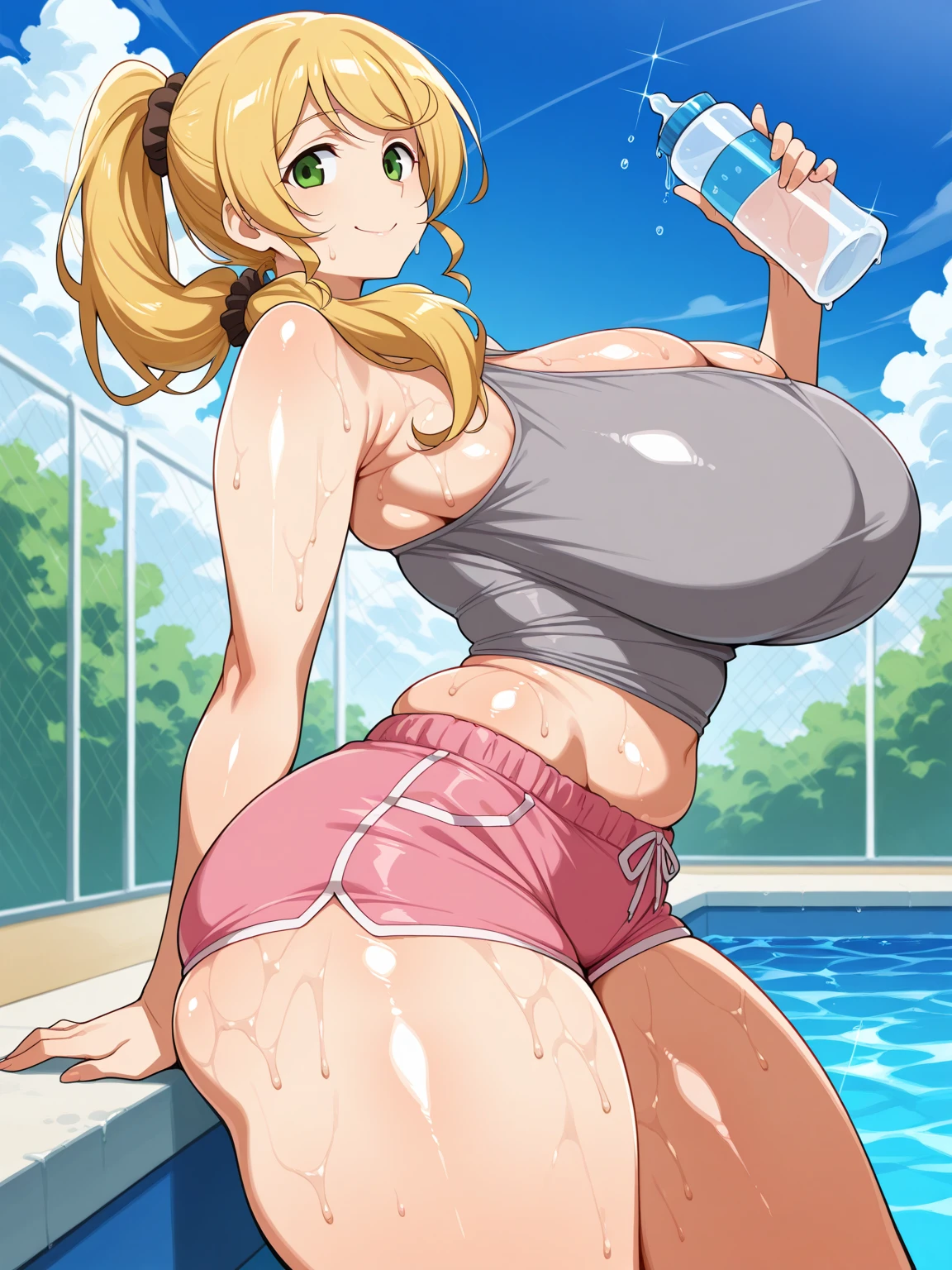 masterpiece,high quality,highres,Anime style, Narusawaryōka, Best Quality, High resolution, 1 Waman, maturefemale, A MILF, Curve, Happy smile,(covering breasts:1.5),(crossed arms:1.3),(hands on own breasts:1.5),(hands on own chest:1.3),(breast press:1), (bikini:1.4),(breast milk,lactation:1.4),Outdoors, swimming pools,heavy breasts,(super gigantic breasts:1.5),((bra lift,nipples)),((blush,aweat,steam:1,5))