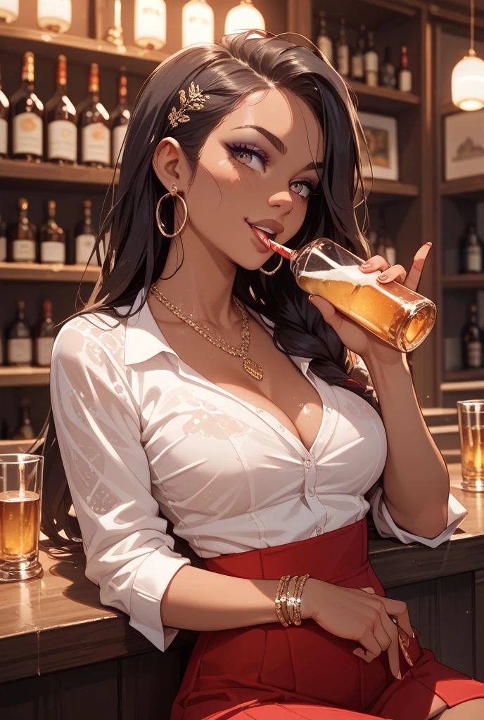 Elaine,shoulder-length black hair,eyes browns, thin lips, Round face, breasts big, in the living room sitting on the sofa, having a good time drinking a beer, bottles next to,detailed artwork.