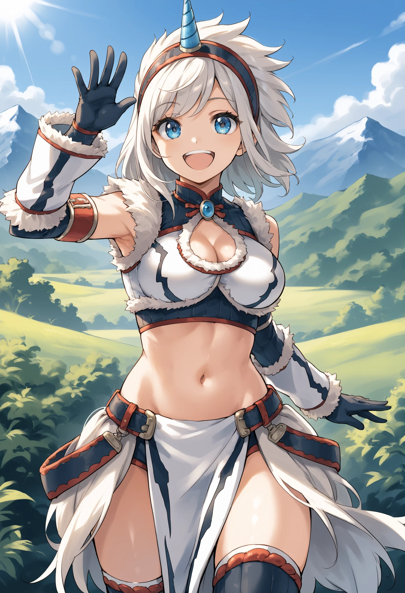 best quality, integrated scenery, integrated background, extremely delicate and beautiful, meticulous details, good composition, , cute face, perfect face,( score_9:0.9), score_8_up, score_7_up,rating_safe, anime style,(zPDXL), Armor , 1teen_girl, Alone, single_purple_horn Hairband, Blue Eyes , belly button,large_breasts, white loincloth , smile, mountain background, monochrome, white bandeau, armpit,raise_arm,(abs:0.65),smile,spiky_bangs,sunlight,spikey_shaggy_hair,oil,knee-highs,large_breasts, Waving_one_hand,open_mouth,midriff,