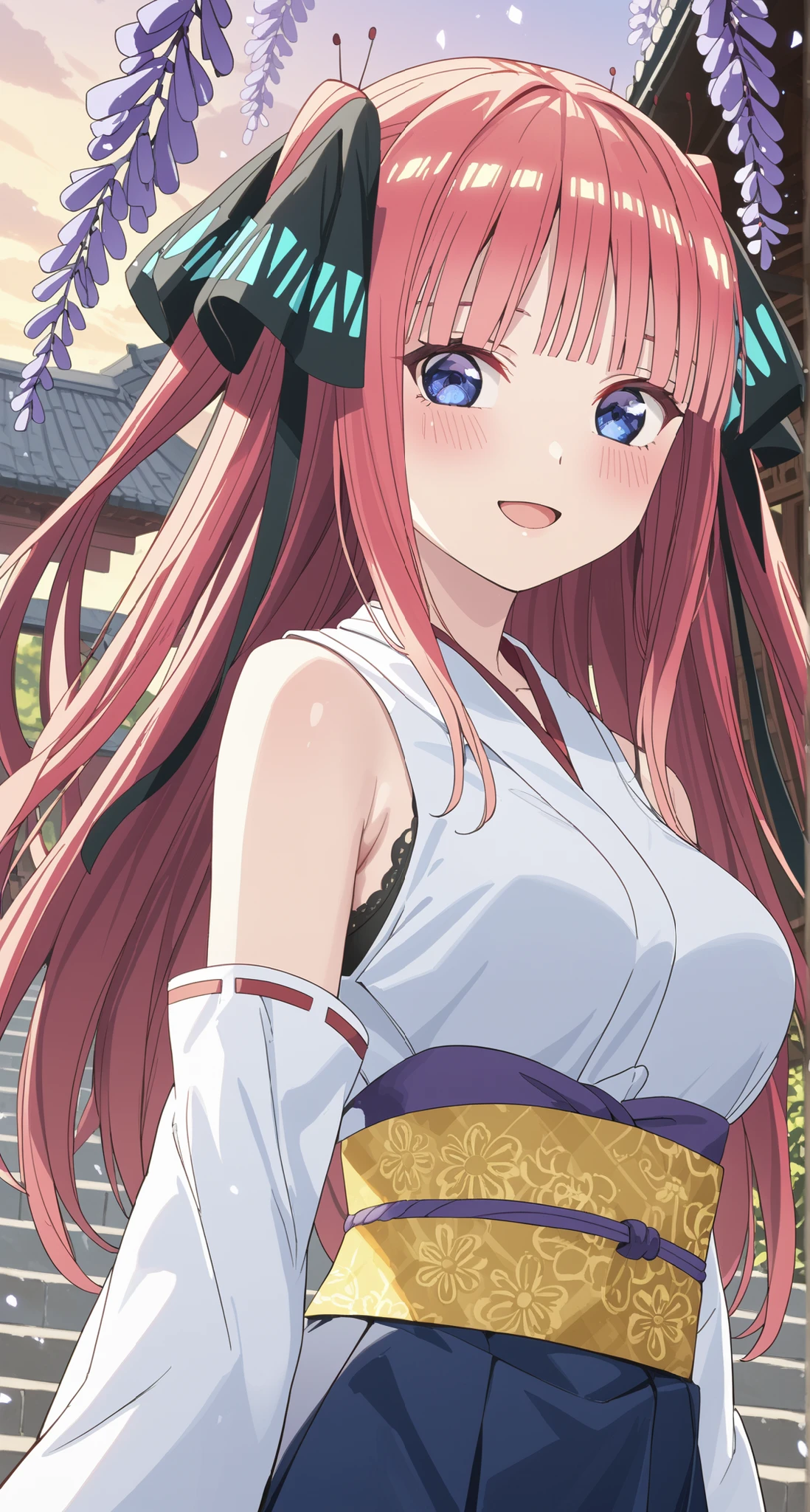 nsfw,nakano nino,glass cover,side shot,alternate color,masterpiece,detailed illustration,lifelike,{{{Cute 1nakano nino}}},shiny beautiful woman,cinematic lighting,dynamic angle,dynamic pose,depth of field,miko,looking at viewer,long hair,pink hair,shiny hair,hime cut,twintails,two side up,hair ribbon,butterfly hair ornament,blue eyes,blush,medium breasts,black bra,sleeveless,Detached sleeves,blue skirt,yellow obi,open mouth,light smile,shrine,wisteria flowers,wisteria confetti,sunset,twilight sky