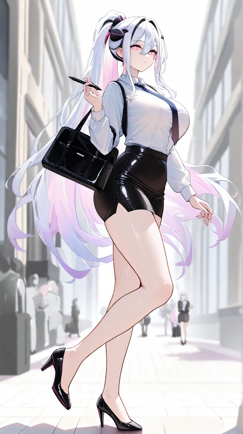 （（（Best quality）））， （（ultra - detailed））， （In the office）， （highly detailed CGillustration）， （（Very fine and beautiful）），Mature and beautiful，flustered, full blush, view the viewer，Ultra-detailed CG，Exquisite facial features，Clear facial expressions，Detailed digital anime art，Digital anime art，High quality anime art style, (Masterpiece), Best quality, Perfect face, ((1girll)), Mature woman, Leaning forward, ((Very long gray hair:1.5)), High ponytail, extremely giant breasts, Hanging breasts, cleavage, Narrow waist, ((ribbon:1.2)), Wearing glasses, ((Superskirt:1.5)), choker necklace, Very small shirt, Transparent shirt, ((Pink purple dress:1.3)), ((The skirt was blown away)), ((Mini tight skirt: 1.5)), ((full body:1.5)), High heels, Garters, ((Lace stockings:1.2)), ((Long and slender legs)), Beautiful legs,Erotic,Seductive pose, ((show underwear, Show panties:1.2))，accidental exposure, Expose breasts,((standing:1.2)), (Open legs:1.2), ((Front Shooting)), Slender figure，（nurses uniform:1.5）, waist-up, Lolita