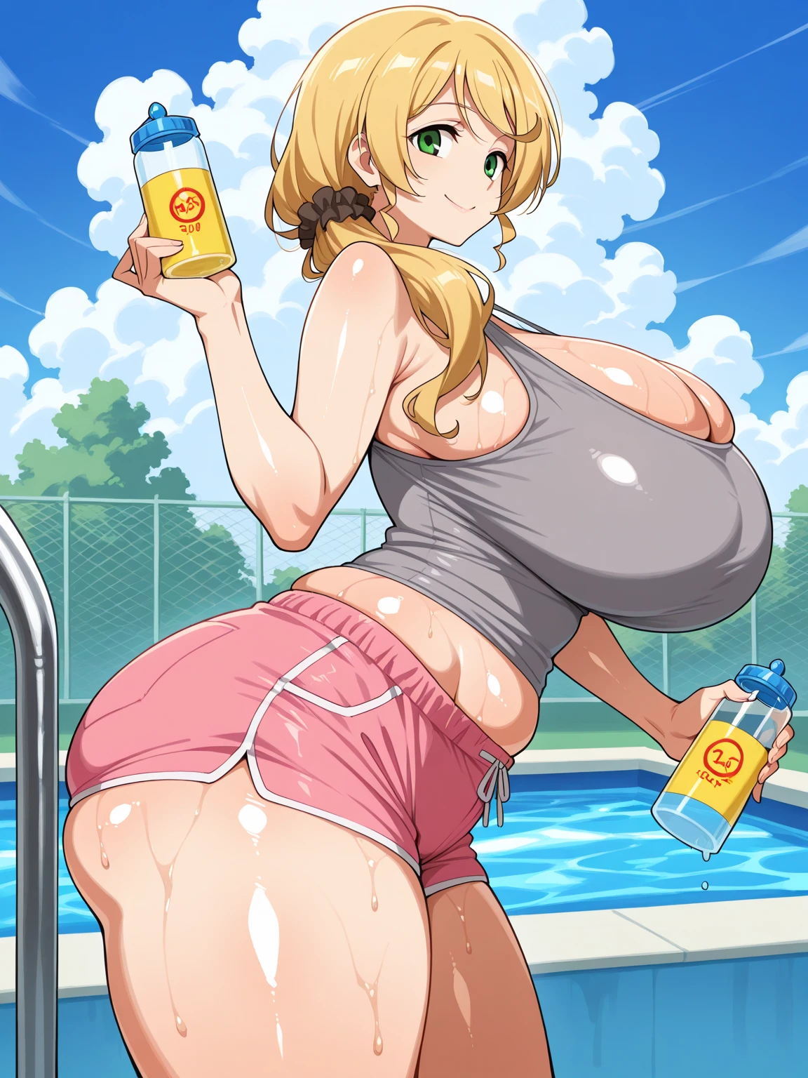 Score_9, score_8_up, score_7_up, score_6_up, score_5_up, score_4_up, source_anime, 1girl, cute elf girl, wearing white tunic, leather belt, earrings, young female, sagging gigantic huge biggest breasts, wide hips, thick thighs, huge areolae, areola slip, dark nipple, dark areolae, pov, detailed eyes, smiling, bukkake, head tilt, hairy, showing armpit, hairy armpit hair, sperm on back, cum shot from behind, sperm, Japanese, hentai, hand behind the head, shot from behind, penis, standing, sweating, heart mark words, dirty atmosphere, in village, market, crowded, asshole, ass, bukkake, smelly, dirty atmosphere, blonde, pooping from asshole, shit, poop, long tied hair, looking away, spreading legs
