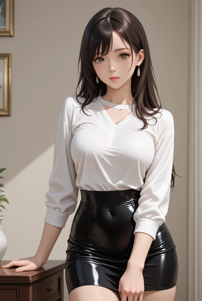 masutepiece, highest  quality, Hi-Res, Ramius 1, 1girl in, Marieu Ramias、Ultra mini skirt、独奏, (Sheer black stockings:1.1), Pale pink military uniform, White underwear、Military, makeup, white  shirt, White skirt, spaceships, Indoors,Body Conscious、Open both legs、camel's toe、a miniskirt、White underwear